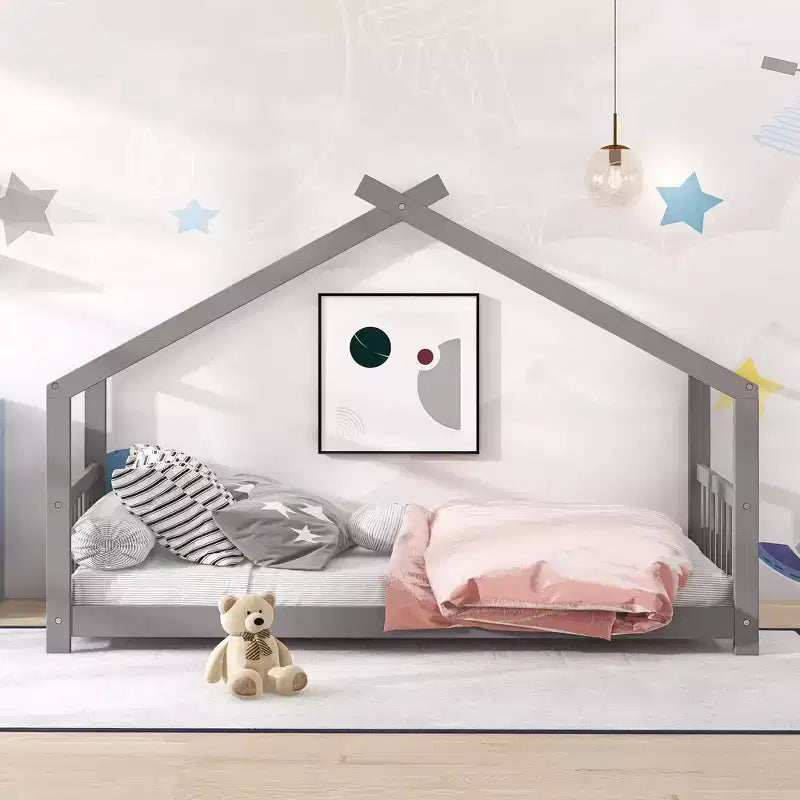 Lit de sol Montessori Bellemave, taille double, avec tête et pied de lit, gris