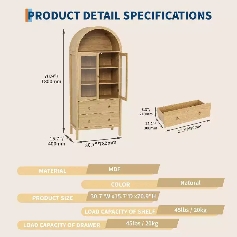 Meuble de rangement de cuisine voûté, 71 po style rustique avec portes vitrées et 2 tiroirs, étagères réglables pour cuisine, salle à manger, salle de bain