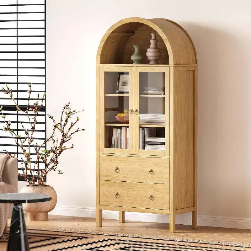 Meuble de rangement de cuisine voûté, 71 po style rustique avec portes vitrées et 2 tiroirs, étagères réglables pour cuisine, salle à manger, salle de bain