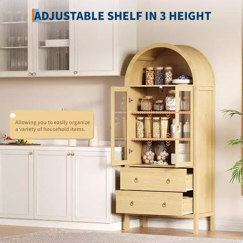 Meuble de rangement de cuisine voûté, 71 po style rustique avec portes vitrées et 2 tiroirs, étagères réglables pour cuisine, salle à manger, salle de bain