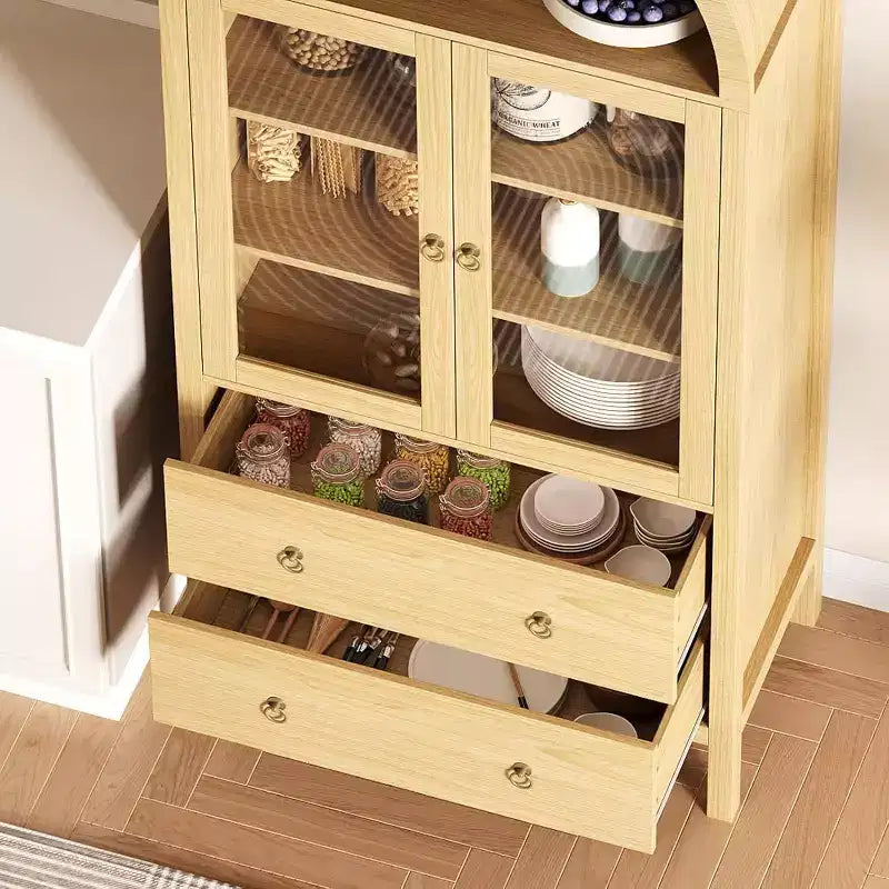 Meuble de rangement de cuisine voûté, 71 po style rustique avec portes vitrées et 2 tiroirs, étagères réglables pour cuisine, salle à manger, salle de bain