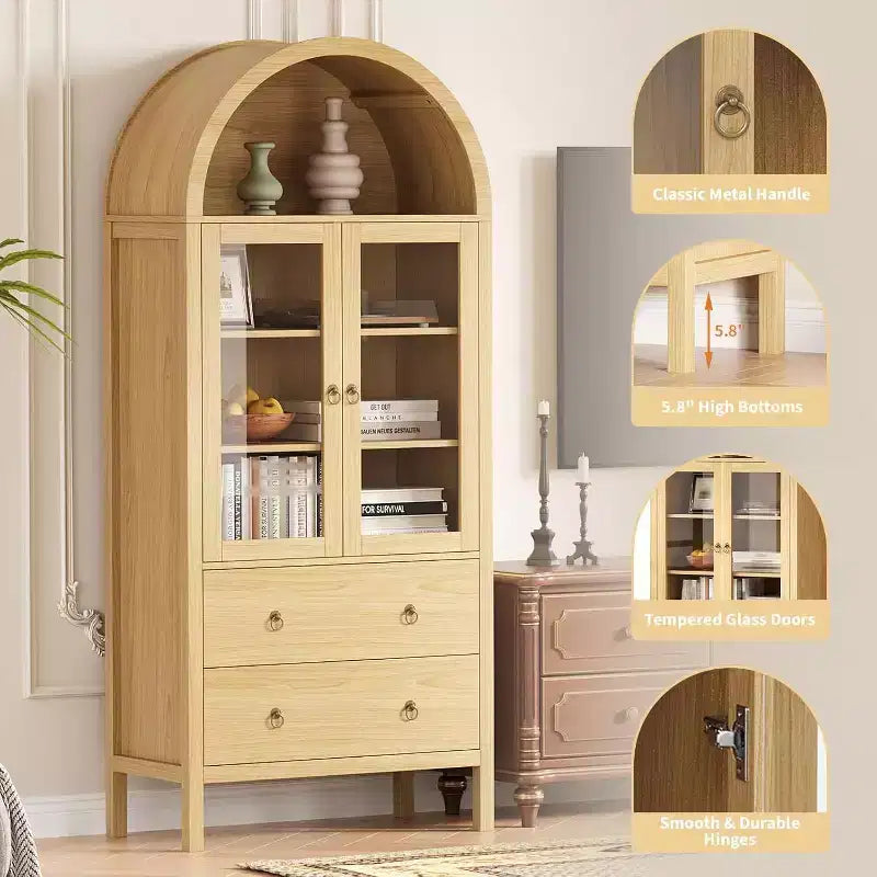 Meuble de rangement de cuisine voûté, 71 po style rustique avec portes vitrées et 2 tiroirs, étagères réglables pour cuisine, salle à manger, salle de bain