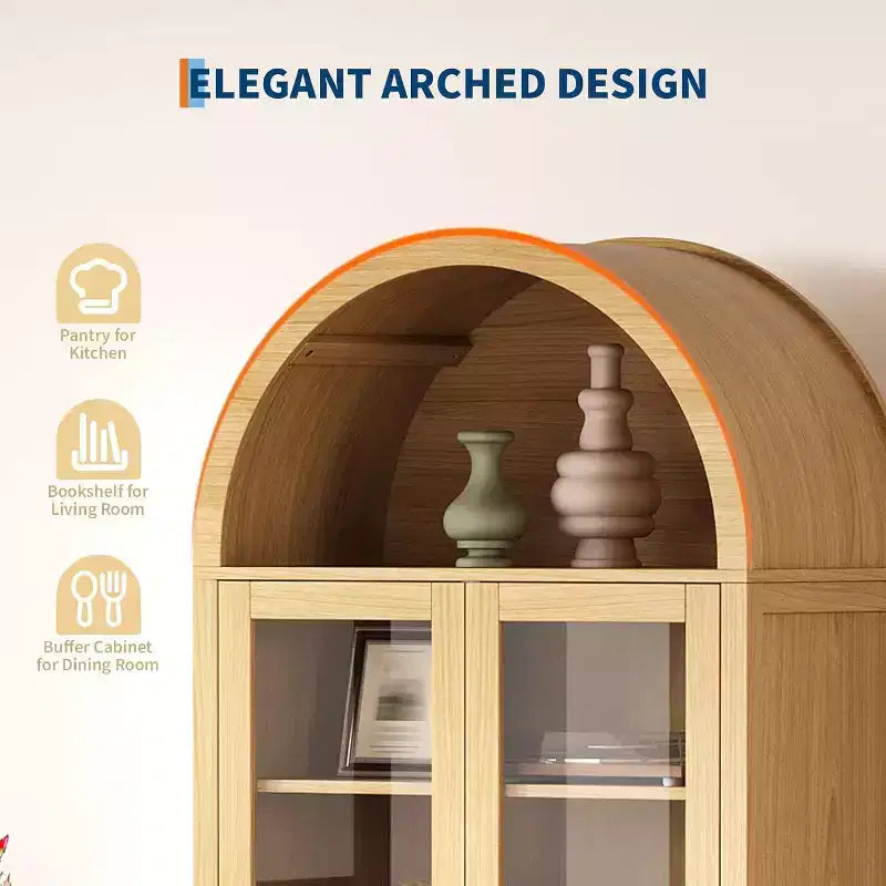 Meuble de rangement de cuisine voûté, 71 po style rustique avec portes vitrées et 2 tiroirs, étagères réglables pour cuisine, salle à manger, salle de bain