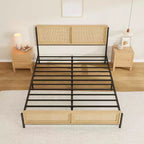 Cadre de lit Coolmee Boho double/grand/très grand avec tête et pied de lit en rotin naturel, lit plateforme en bois sans sommier tapissier requis, sans bruit