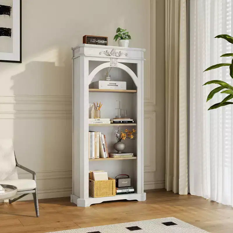 Vitrine arquée moderne, meuble de rangement avec 4 étagères, meuble de rangement autoportant pour salon, couloir et bureau, blanc