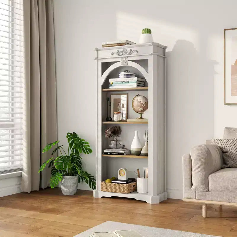 Vitrine arquée moderne, meuble de rangement avec 4 étagères, meuble de rangement autoportant pour salon, couloir et bureau, blanc