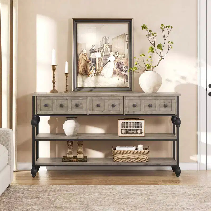 Console industrielle de 52 po avec 3 tiroirs de rangement et 3 niveaux, table de canapé en métal pour salon, couloir et entrée, rangement derrière le canapé