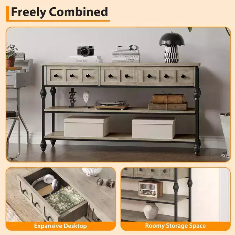 Console industrielle de 52 po avec 3 tiroirs de rangement et 3 niveaux, table de canapé en métal pour salon, couloir et entrée, rangement derrière le canapé