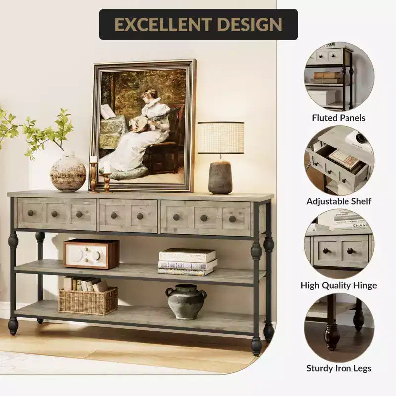 Console industrielle de 52 po avec 3 tiroirs de rangement et 3 niveaux, table de canapé en métal pour salon, couloir et entrée, rangement derrière le canapé