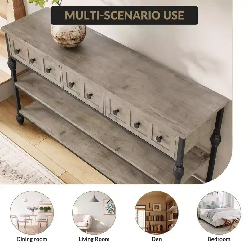 Console industrielle de 52 po avec 3 tiroirs de rangement et 3 niveaux, table de canapé en métal pour salon, couloir et entrée, rangement derrière le canapé