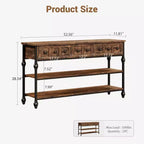 Console industrielle de 52 po avec 3 tiroirs de rangement et 3 niveaux, table de canapé en métal pour salon, couloir et entrée, rangement derrière le canapé