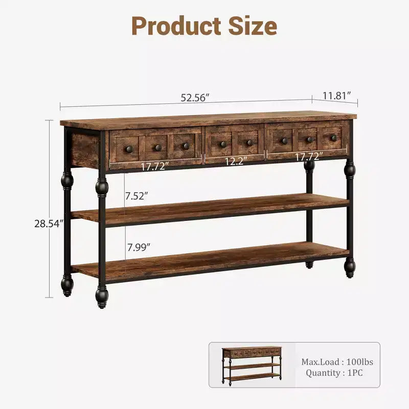 Console industrielle de 52 po avec 3 tiroirs de rangement et 3 niveaux, table de canapé en métal pour salon, couloir et entrée, rangement derrière le canapé