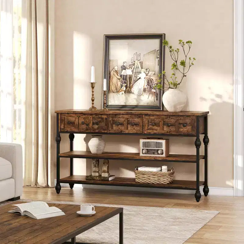 Console industrielle de 52 po avec 3 tiroirs de rangement et 3 niveaux, table de canapé en métal pour salon, couloir et entrée, rangement derrière le canapé