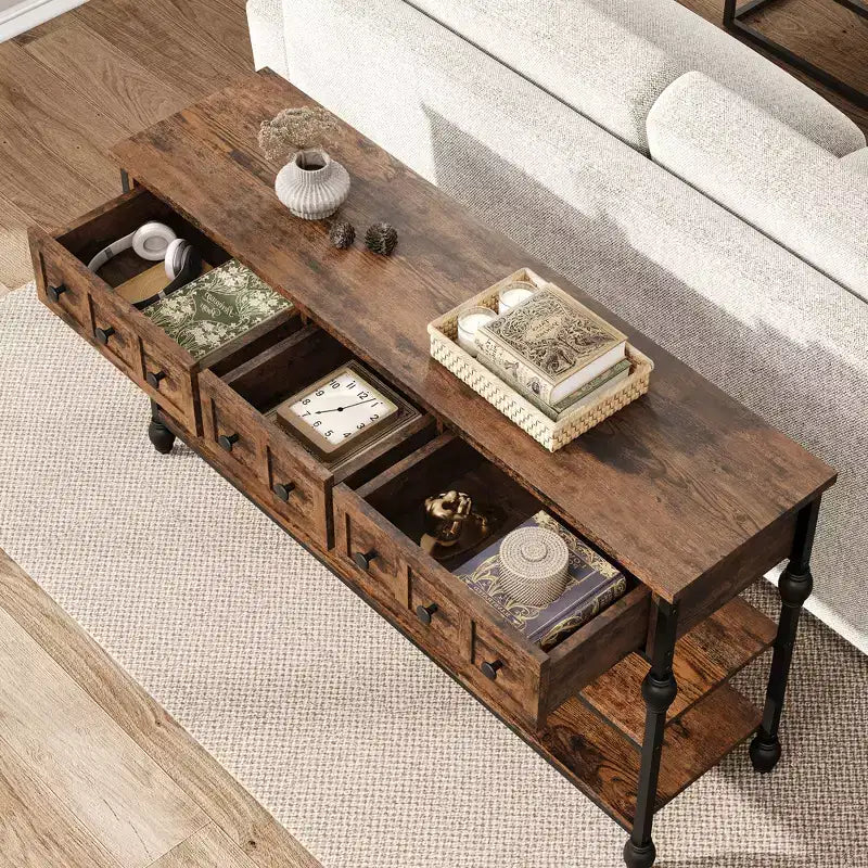 Console industrielle de 52 po avec 3 tiroirs de rangement et 3 niveaux, table de canapé en métal pour salon, couloir et entrée, rangement derrière le canapé
