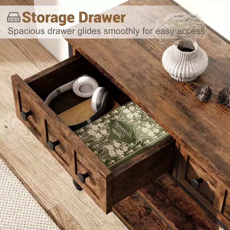 Console industrielle de 52 po avec 3 tiroirs de rangement et 3 niveaux, table de canapé en métal pour salon, couloir et entrée, rangement derrière le canapé