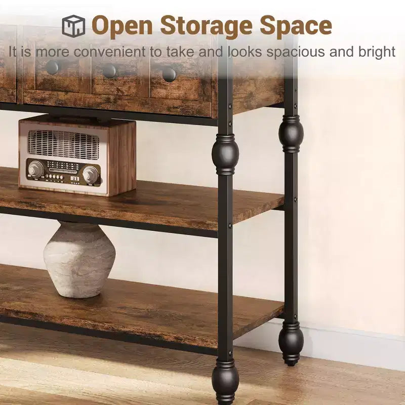 Console industrielle de 52 po avec 3 tiroirs de rangement et 3 niveaux, table de canapé en métal pour salon, couloir et entrée, rangement derrière le canapé