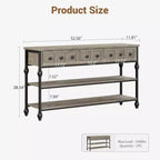 Console industrielle de 52 po avec 3 tiroirs de rangement et 3 niveaux, table de canapé en métal pour salon, couloir et entrée, rangement derrière le canapé