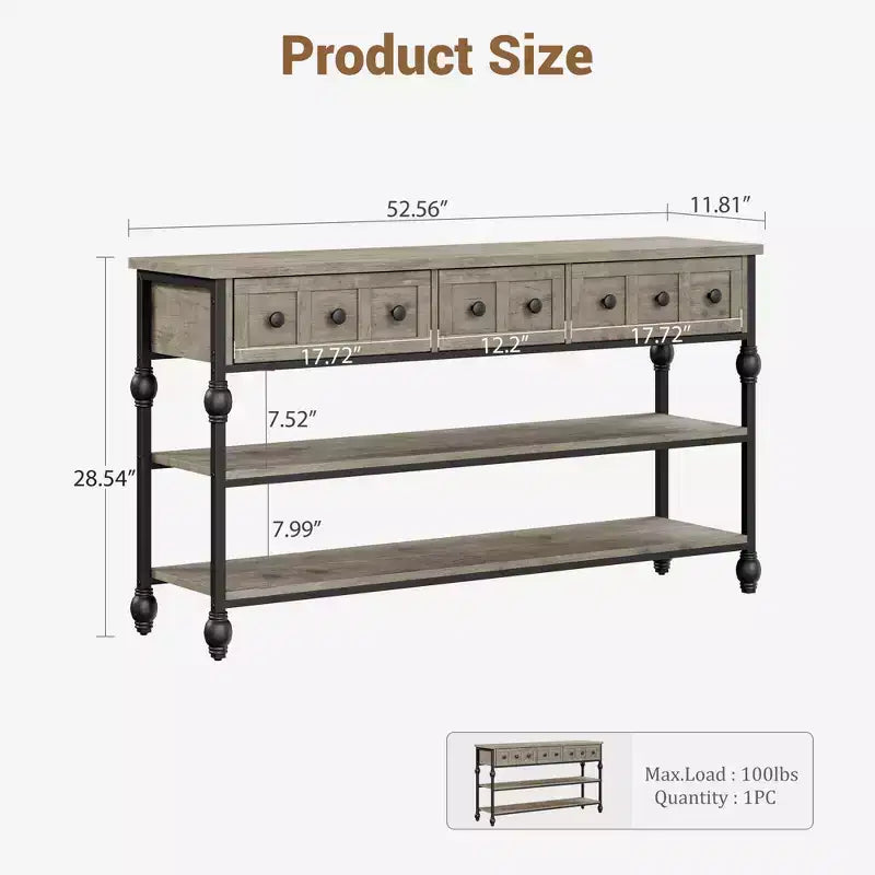 Console industrielle de 52 po avec 3 tiroirs de rangement et 3 niveaux, table de canapé en métal pour salon, couloir et entrée, rangement derrière le canapé