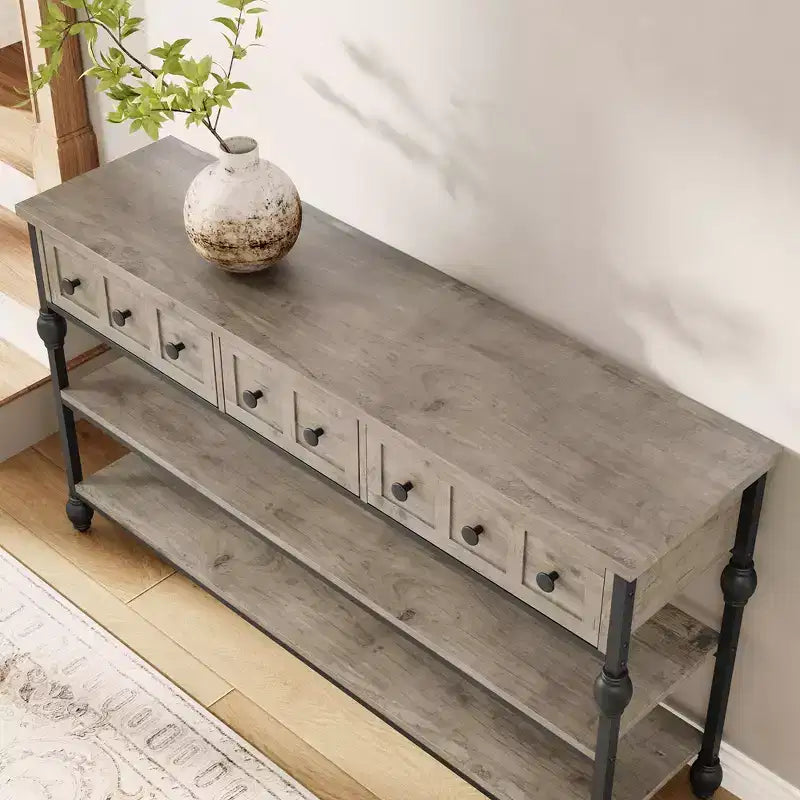 Console industrielle de 52 po avec 3 tiroirs de rangement et 3 niveaux, table de canapé en métal pour salon, couloir et entrée, rangement derrière le canapé