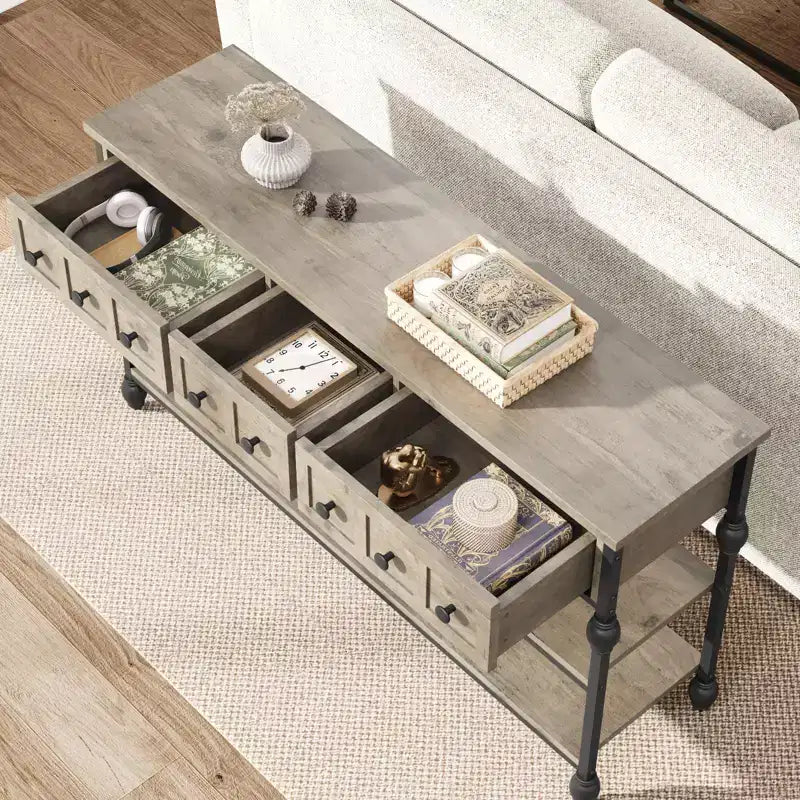 52 Industrial Console Table with 3 Storage Drawers & 3 Tiers Metal Sofa Table for Living Room, Hallway & Entryway, Behind Couch Storage