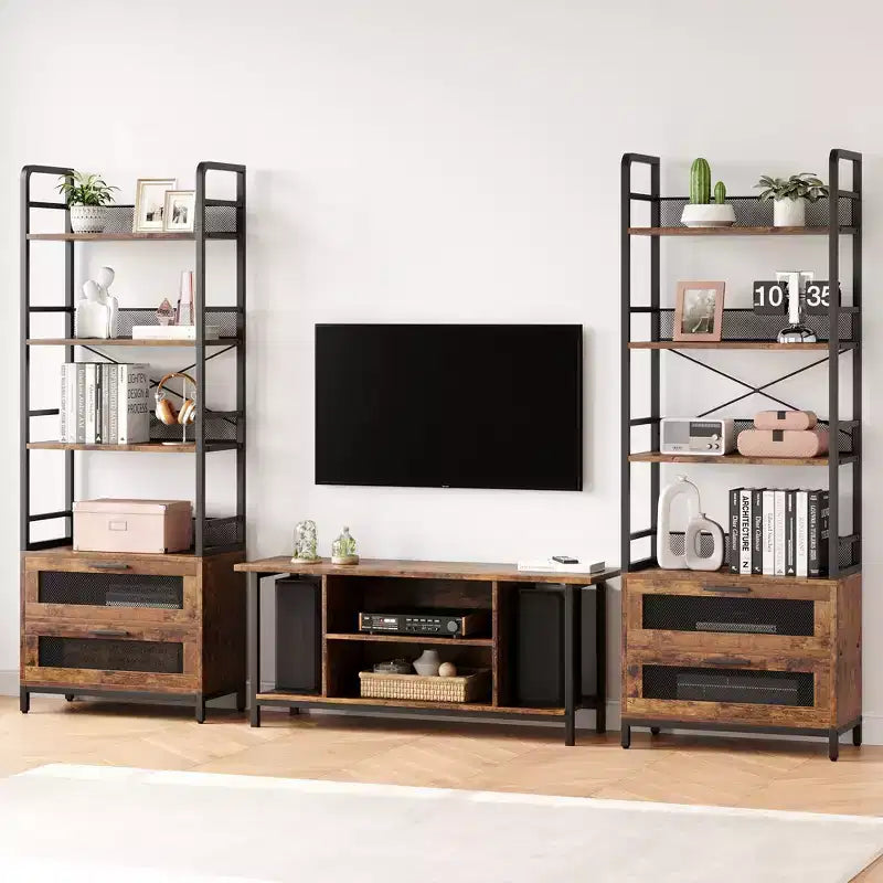 Étagère haute de 180 cm avec tiroirs, Bibliothèque industrielle avec 4 étagères de rangement ouvertes pour chambre, salon, bureau, marron