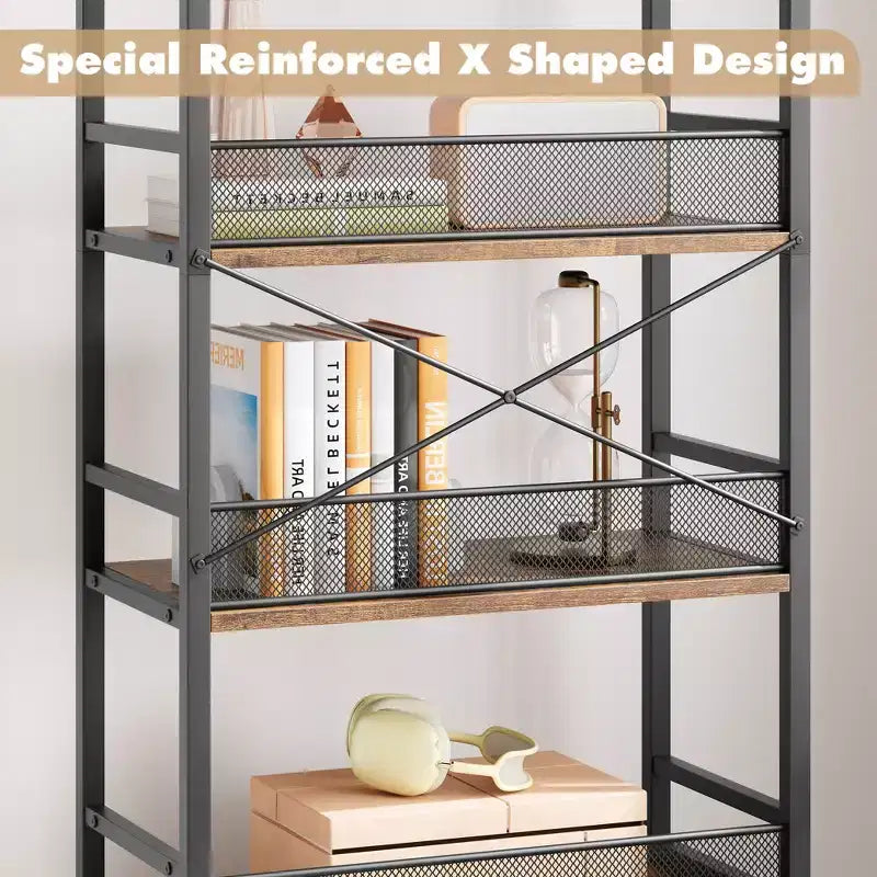 Étagère haute de 180 cm avec tiroirs, Bibliothèque industrielle avec 4 étagères de rangement ouvertes pour chambre, salon, bureau, marron