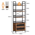 Étagère haute de 180 cm avec tiroirs, Bibliothèque industrielle avec 4 étagères de rangement ouvertes pour chambre, salon, bureau, marron