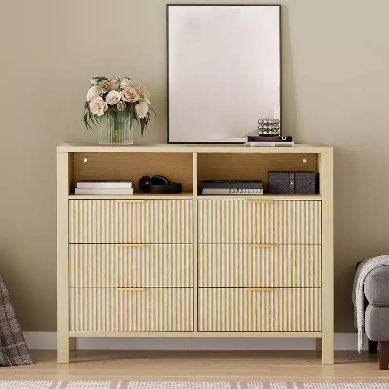 Commode 6 tiroirs pour chambre à coucher, chiffonnier de ferme avec 2 étagères ouvertes et portes cannelées, rangement et organisation pour le salon