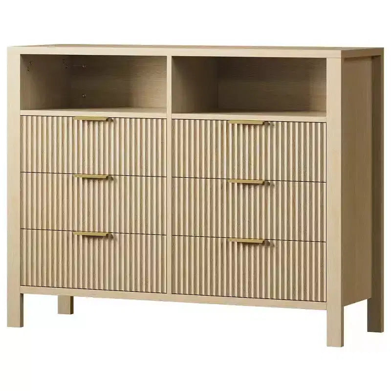 Commode 6 tiroirs pour chambre à coucher, chiffonnier de ferme avec 2 étagères ouvertes et portes cannelées, rangement et organisation pour le salon