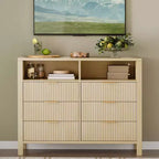 6 Drawer Dresser for Bedroom, Farmhouse Chest of Drawers with 2 Open Shelves and Fluted Doors, Home Storage and Organization for Living Room