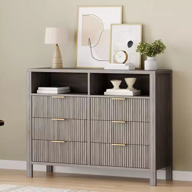 6 Drawer Dresser for Bedroom, Farmhouse Chest of Drawers with 2 Open Shelves and Fluted Doors, Home Storage and Organization for Living Room