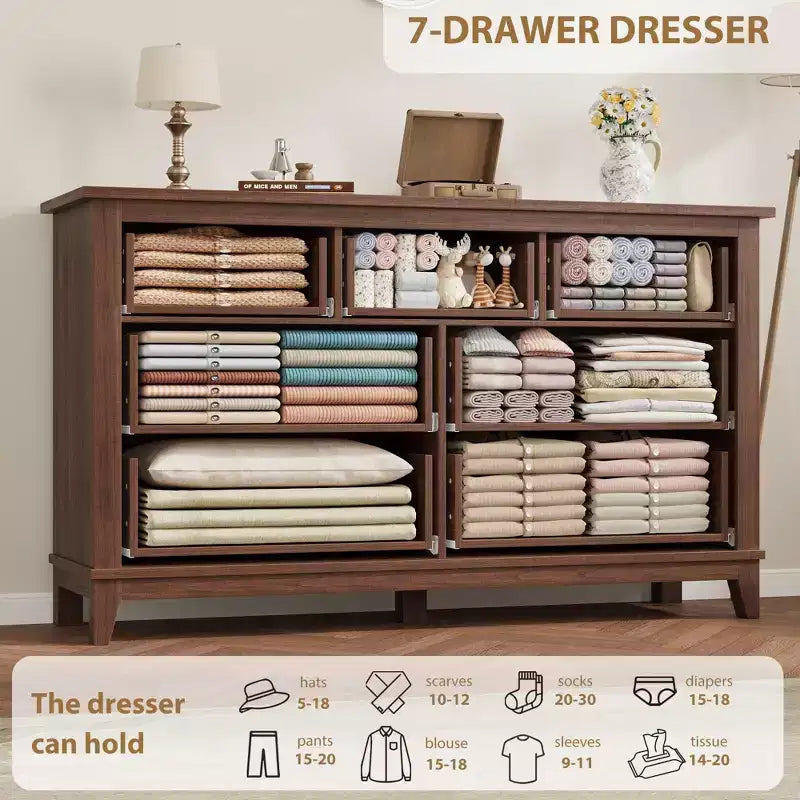 7 commodes de chambre, commode à tiroirs de 54 po de largeur avec rangement autoportant, commode de rangement en bois pour salon, chambre à coucher, entrée