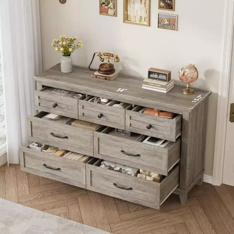 7 commodes de chambre, commode à tiroirs de 54 po de largeur avec rangement autoportant, commode de rangement en bois pour salon, chambre à coucher, entrée
