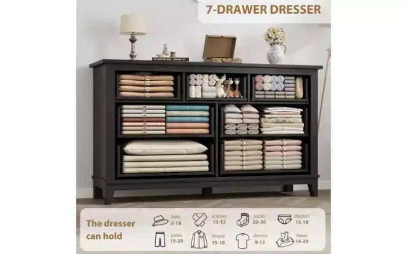 7 commodes de chambre, commode à tiroirs de 54 po de largeur avec rangement autoportant, commode de rangement en bois pour salon, chambre à coucher, entrée