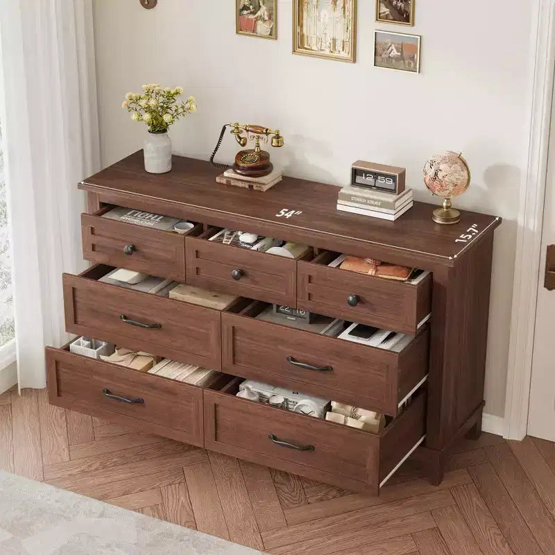 7 commodes de chambre, commode à tiroirs de 54 po de largeur avec rangement autoportant, commode de rangement en bois pour salon, chambre à coucher, entrée