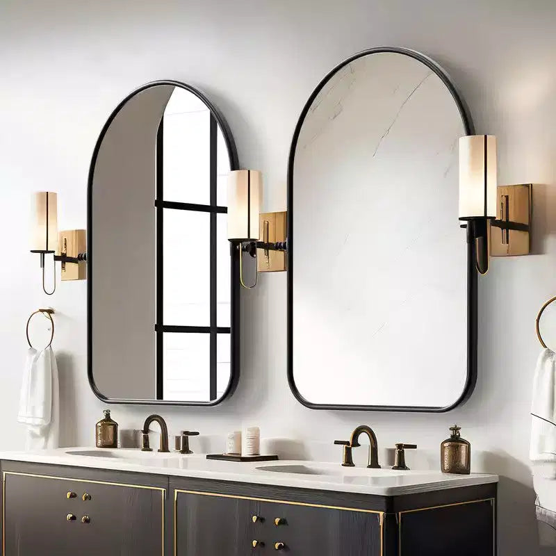 PexFix 32 x 23 Miroir Mural Inclinable Arqué en Fer Noir, Miroir de Vanité de Salle de Bain, Cadre Métallique, Réglable, Bidirectionnel pour Chambre et Salon