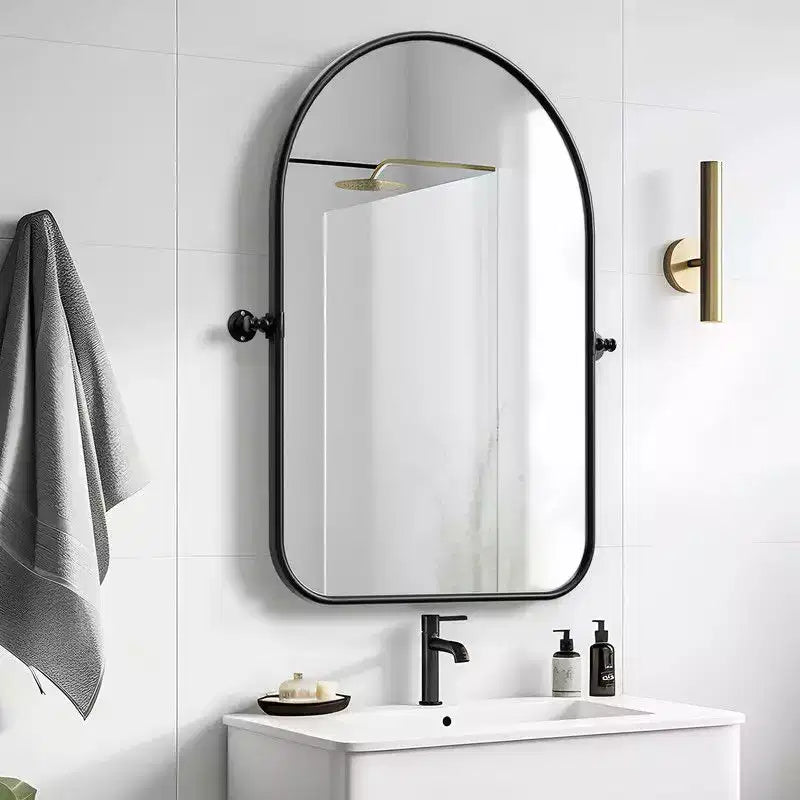 PexFix 32 x 23 Miroir Mural Inclinable Arqué en Fer Noir, Miroir de Vanité de Salle de Bain, Cadre Métallique, Réglable, Bidirectionnel pour Chambre et Salon