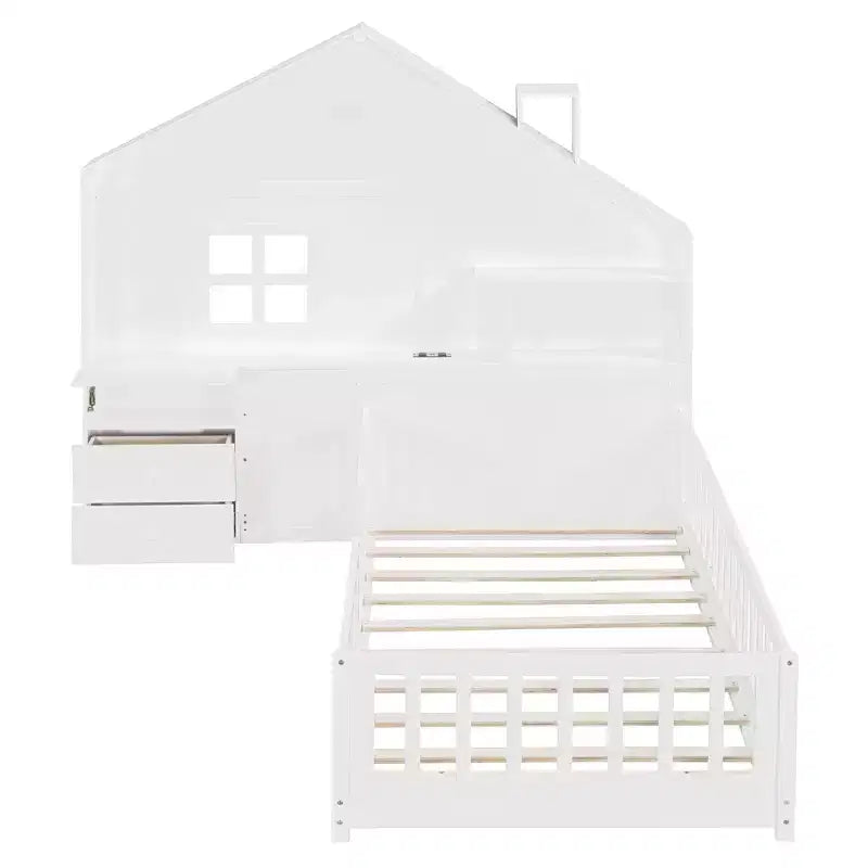 Polibi Twin Platform Bed with Storage Drawers, USB Charging Station & Windowed House Headboard