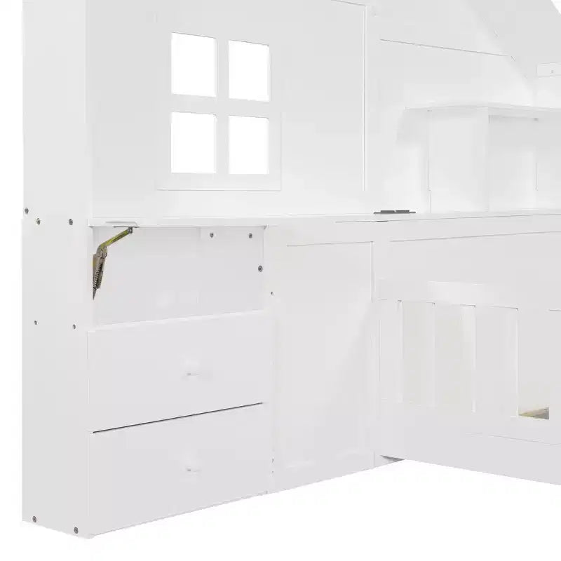 Polibi Twin Platform Bed with Storage Drawers, USB Charging Station & Windowed House Headboard
