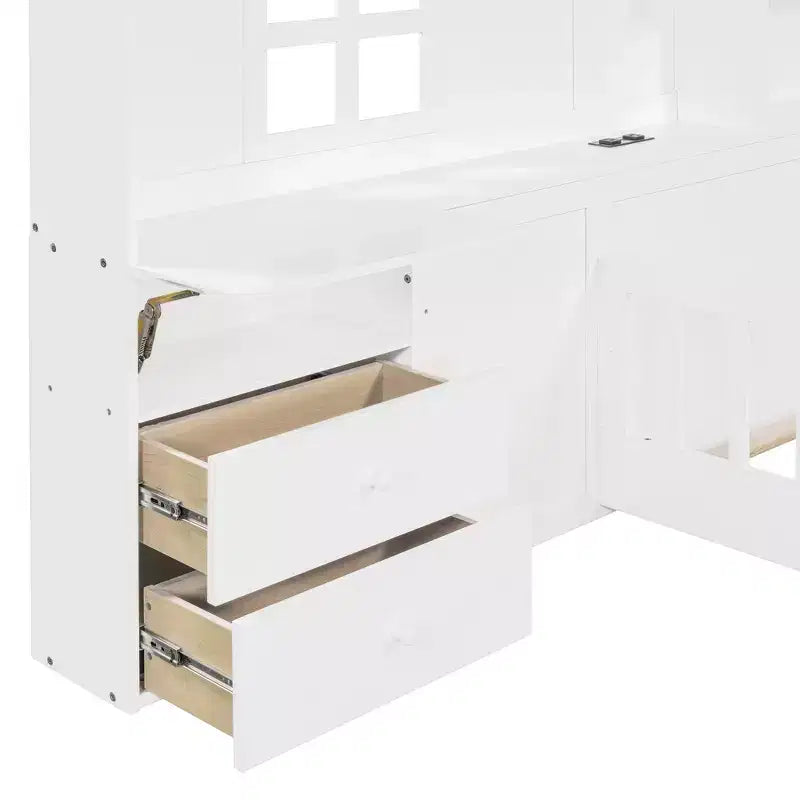 Polibi Twin Platform Bed with Storage Drawers, USB Charging Station & Windowed House Headboard