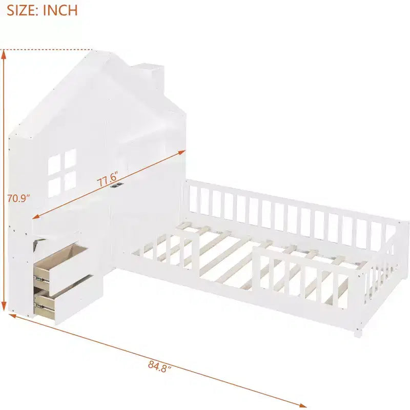 Polibi Twin Platform Bed with Storage Drawers, USB Charging Station & Windowed House Headboard