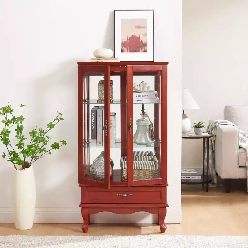 Vitrine d'angle éclairée avec portes et étagères en verre trempé - Élégante vitrine en merisier avec ampoule pour la décoration du salon et de la chambre