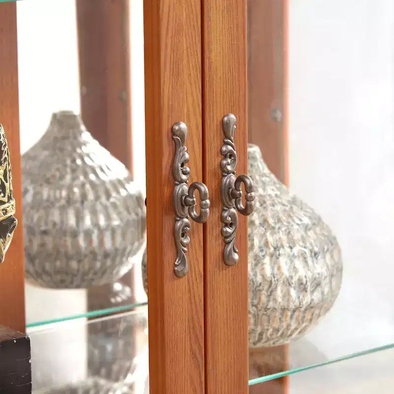 Vitrine d'angle éclairée avec portes et étagères en verre trempé - Élégante vitrine en merisier avec ampoule pour la décoration du salon et de la chambre