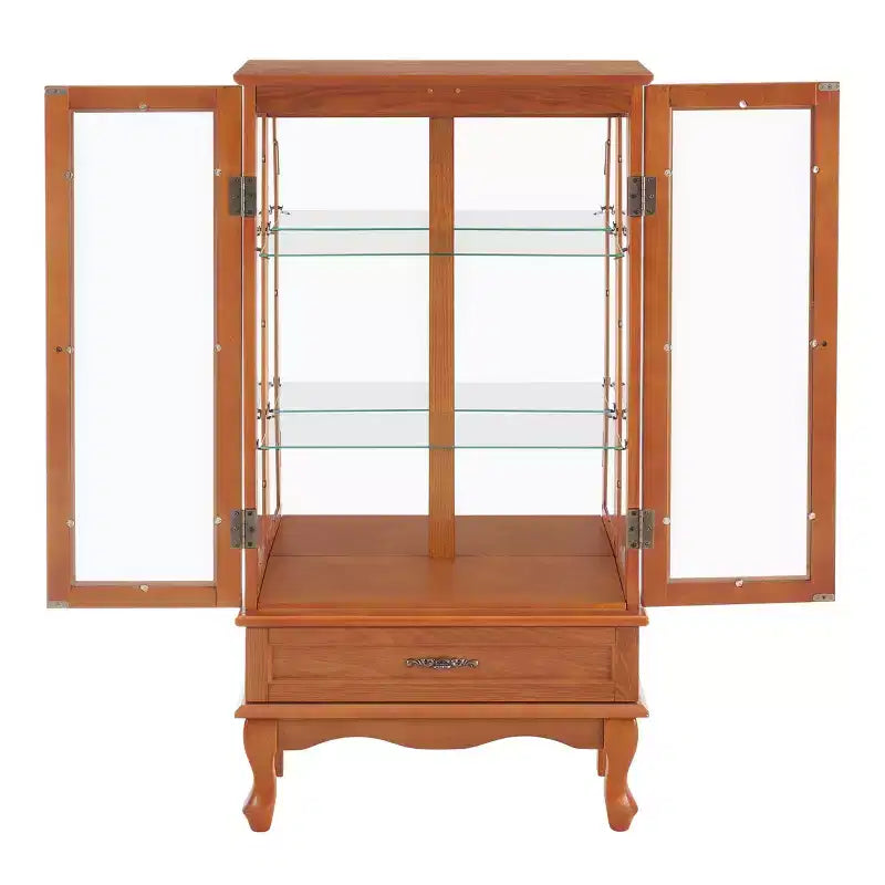 Vitrine d'angle éclairée avec portes et étagères en verre trempé - Élégante vitrine en merisier avec ampoule pour la décoration du salon et de la chambre