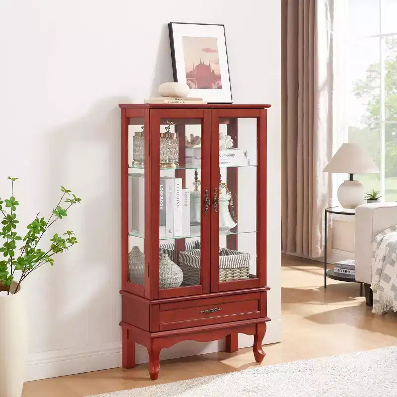 Vitrine d'angle éclairée avec portes et étagères en verre trempé - Élégante vitrine en merisier avec ampoule pour la décoration du salon et de la chambre