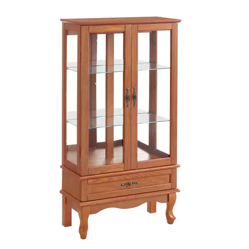 Lighted Corner Curio Cabinet with Tempered Glass Doors & Shelves - Elegant Cherry Display Case with Bulb for Living Room & Bedroom Decor
