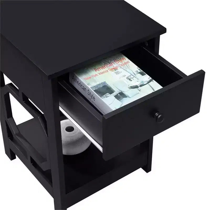 Table d'appoint Belmont à 1 tiroir avec design octogonal, deux étagères et tiroir coulissant, table d'appoint élégante pour le rangement dans la chambre