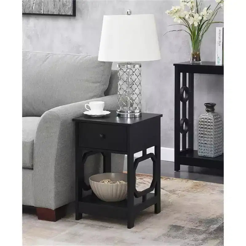 Table d'appoint Belmont à 1 tiroir avec design octogonal, deux étagères et tiroir coulissant, table d'appoint élégante pour le rangement dans la chambre