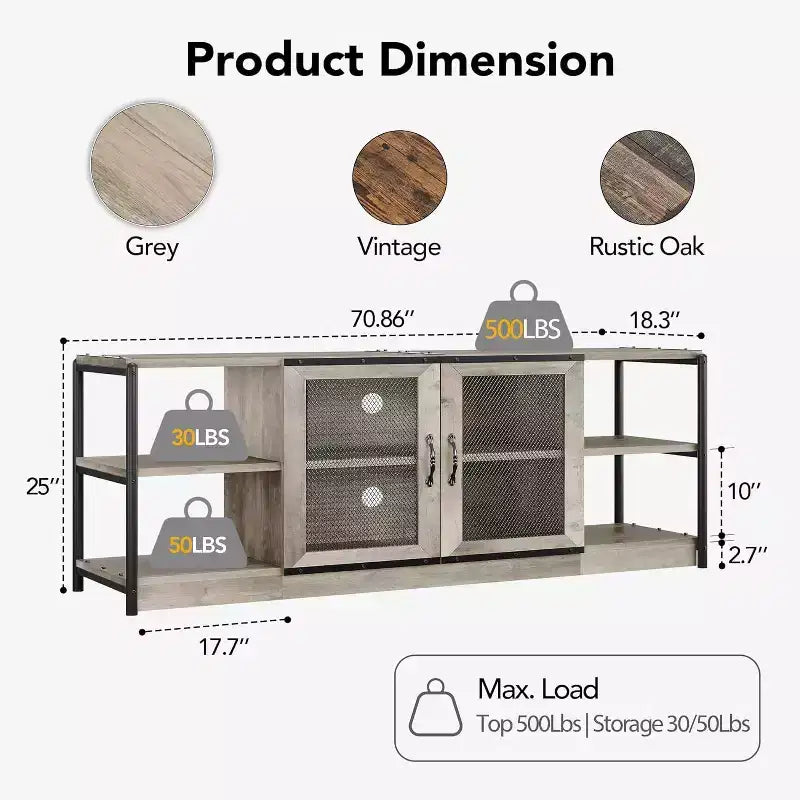 Meuble TV de style industriel/fermier - Meuble multimédia de 65 po et plus avec portes grillagées et étagères ouvertes pour salon
