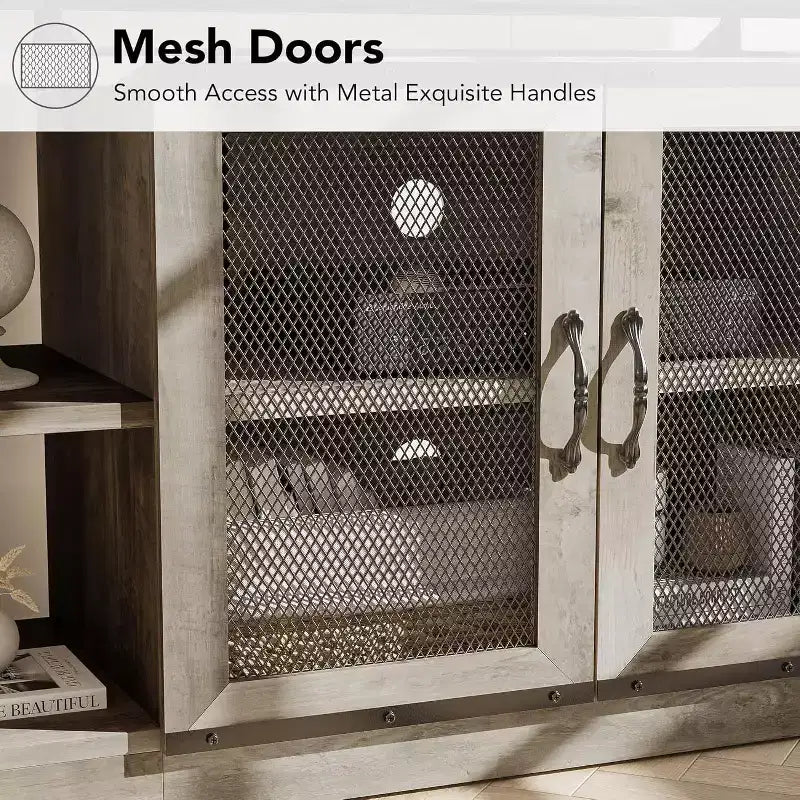 Meuble TV de style industriel/fermier - Meuble multimédia de 65 po et plus avec portes grillagées et étagères ouvertes pour salon